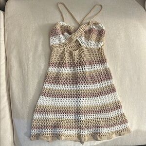 Striped Crochet Dress in Tan and Cream